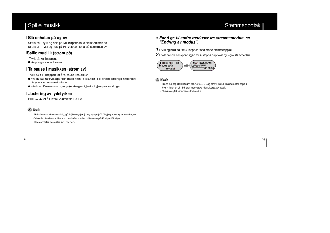 Samsung YP-F1XB/ELS, YP-F1ZW/ELS manual Spille musikk, Stemmeopptak 