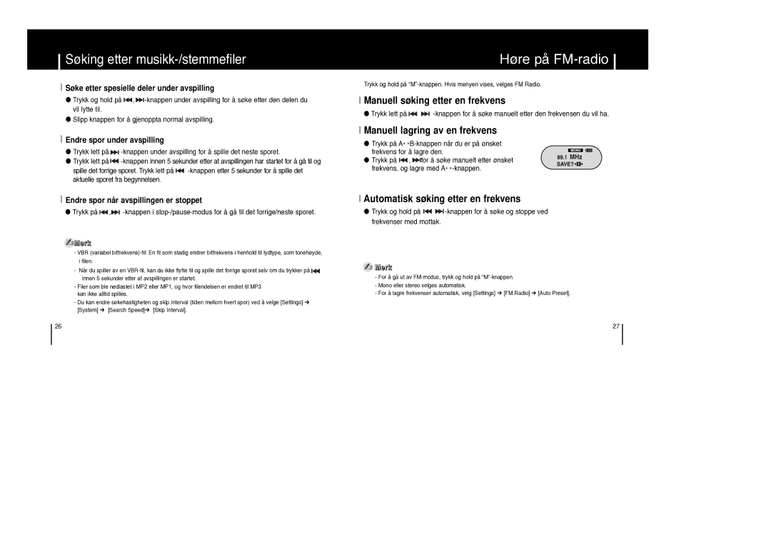 Samsung YP-F1ZW/ELS, YP-F1XB/ELS manual Høre på FM-radio, Søking etter musikk-/stemmefiler, Manuell søking etter en frekvens 