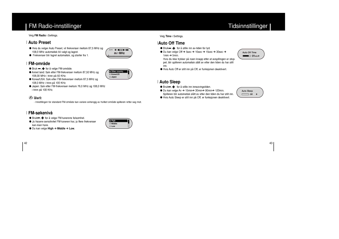 Samsung YP-F1ZW/ELS, YP-F1XB/ELS manual Tidsinnstillinger, FM Radio-innstillinger 