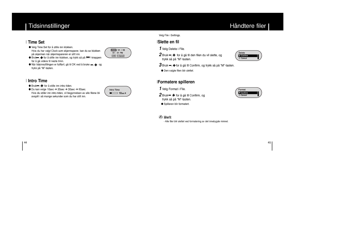 Samsung YP-F1XB/ELS manual Tidsinnstillinger Håndtere filer, Time Set, ISlette en fil, Intro Time, IFormatere spilleren 