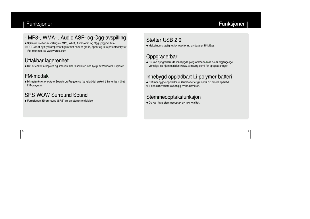 Samsung YP-F1ZW/ELS, YP-F1XB/ELS manual Funksjoner, FM-mottak 