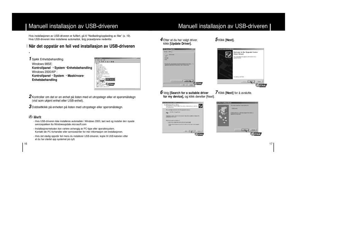 Samsung YP-F1XB/ELS manual Manuell installasjon av USB-driveren, Når det oppstår en feil ved installasjon av USB-driveren 