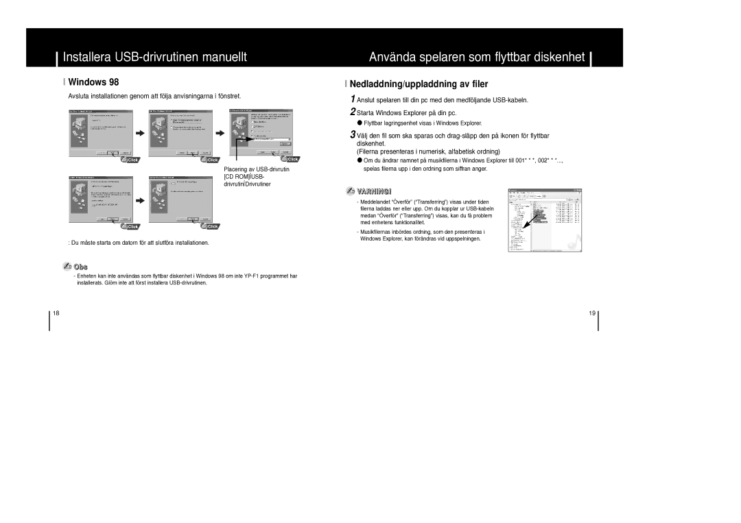 Samsung YP-F1ZW/ELS, YP-F1XB/ELS manual Använda spelaren som flyttbar diskenhet, Windows, Nedladdning/uppladdning av filer 