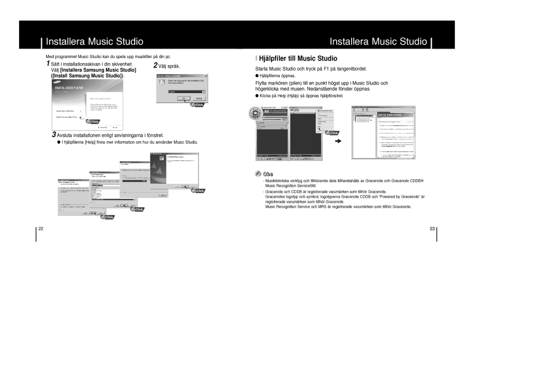 Samsung YP-F1ZW/ELS, YP-F1XB/ELS manual Installera Music Studio, Hjälpfiler till Music Studio 