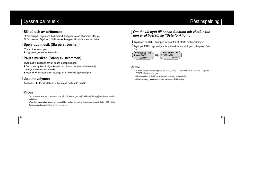 Samsung YP-F1XB/ELS, YP-F1ZW/ELS manual Lyssna på musik, Röstinspelning 