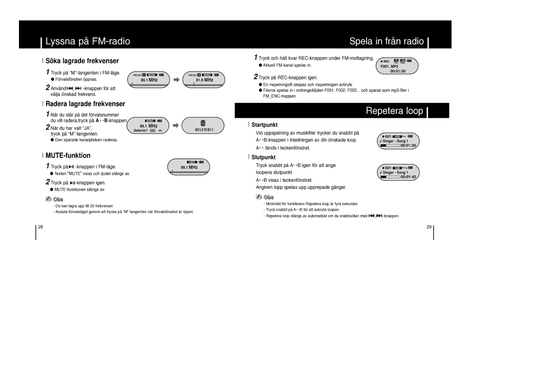Samsung YP-F1XB/ELS Spela in från radio, Repetera loop, Söka lagrade frekvenser, Radera lagrade frekvenser, MUTE-funktion 