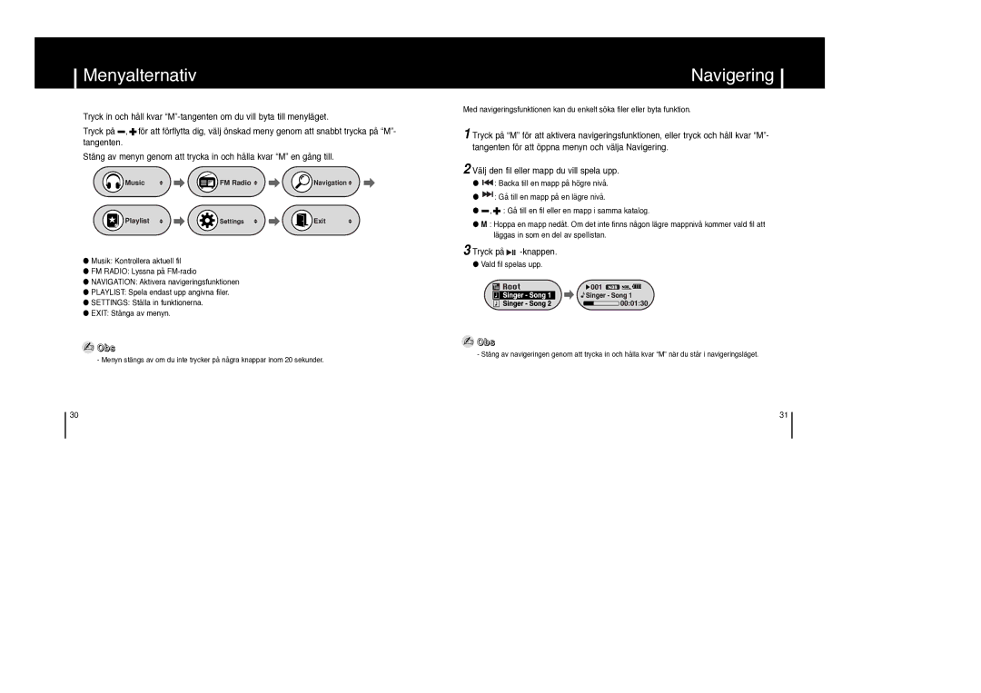 Samsung YP-F1ZW/ELS, YP-F1XB/ELS manual Menyalternativ, Navigering 