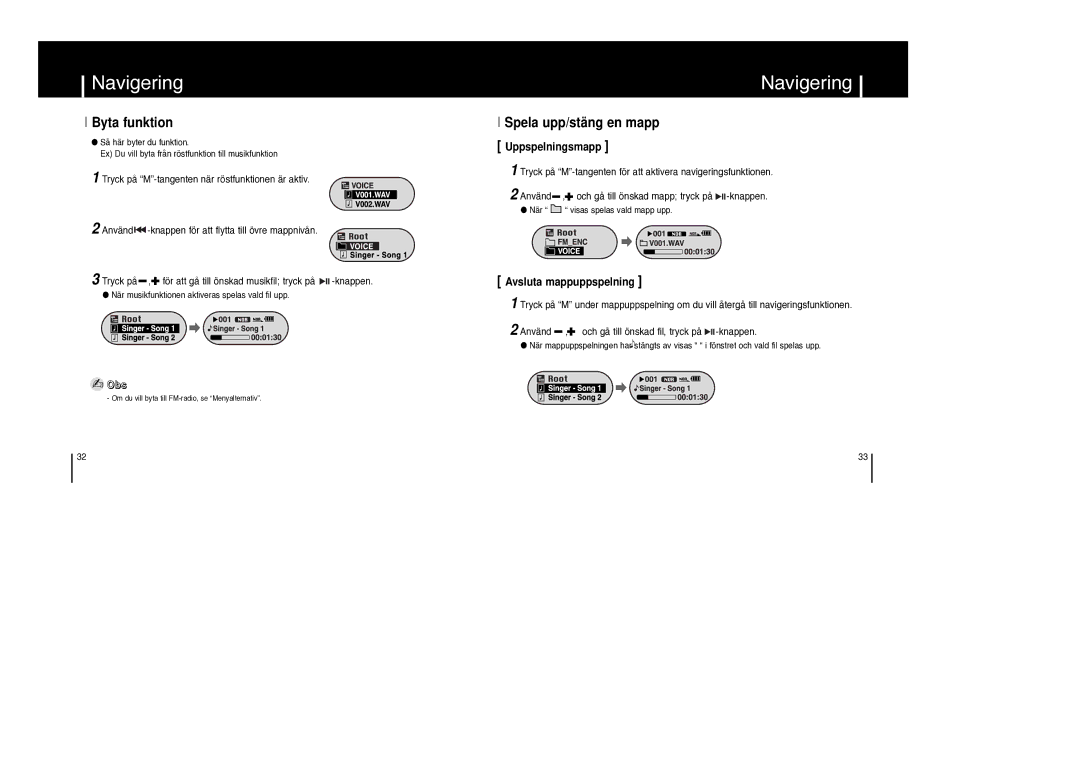 Samsung YP-F1XB/ELS, YP-F1ZW/ELS manual Byta funktion, Spela upp/stäng en mapp Uppspelningsmapp 