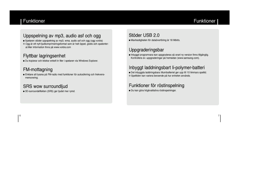 Samsung YP-F1ZW/ELS Funktioner, 3D-surroundeffekten SRS ger ljudet mer rymd, Du kan göra högkvalitativa röstinspelningar 