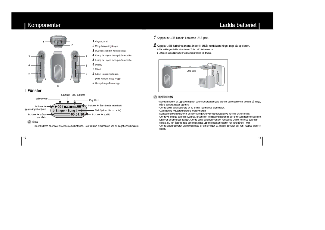 Samsung YP-F1ZW/ELS, YP-F1XB/ELS manual Komponenter Ladda batteriet, Fönster, Koppla in USB-kabeln i datorns USB-port 