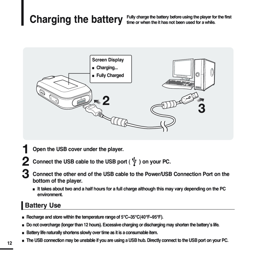 Samsung YP-F2 manual Charging the battery, Battery Use 