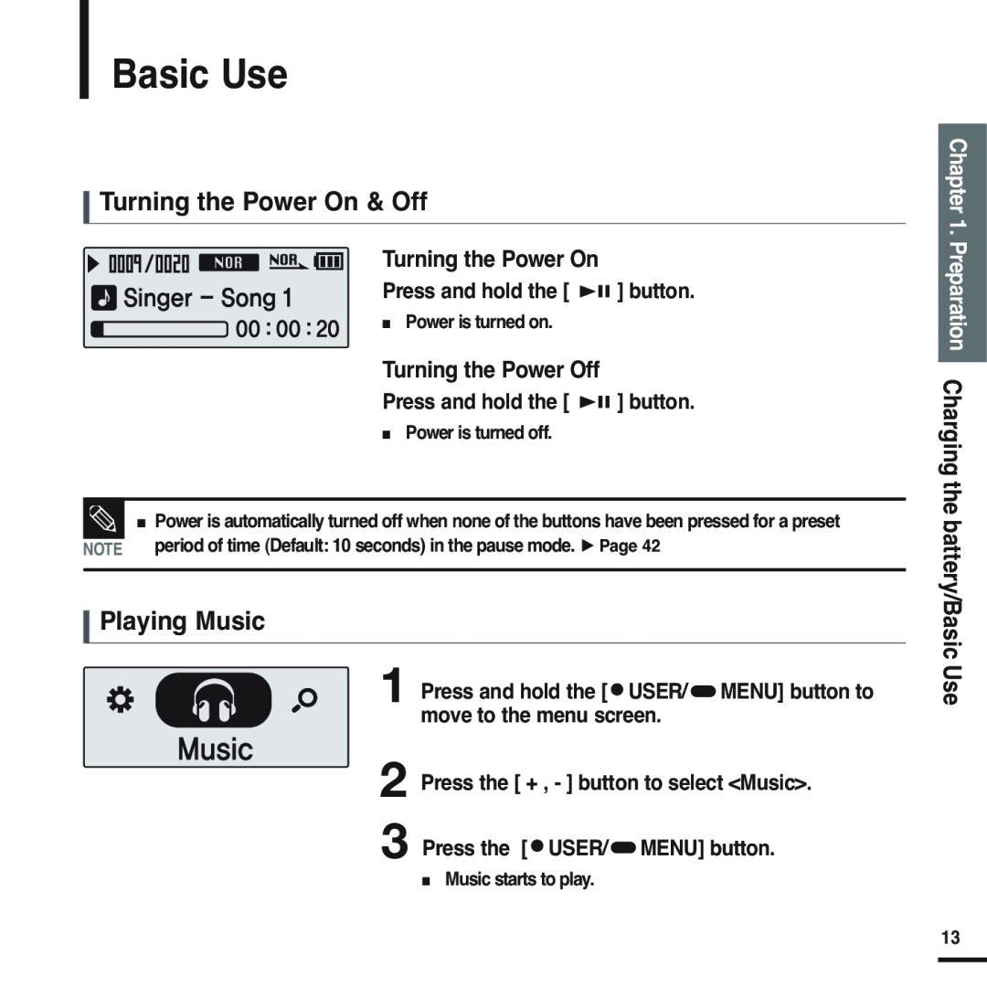 Samsung YP-F2 manual Basic Use, Turning the Power On & Off, Playing Music, Turning the Power Off 