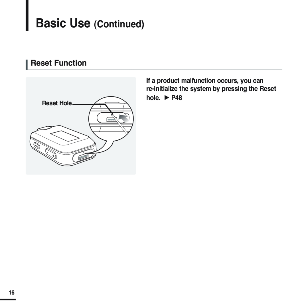 Samsung YP-F2 manual Reset Function, Basic Use Continued 