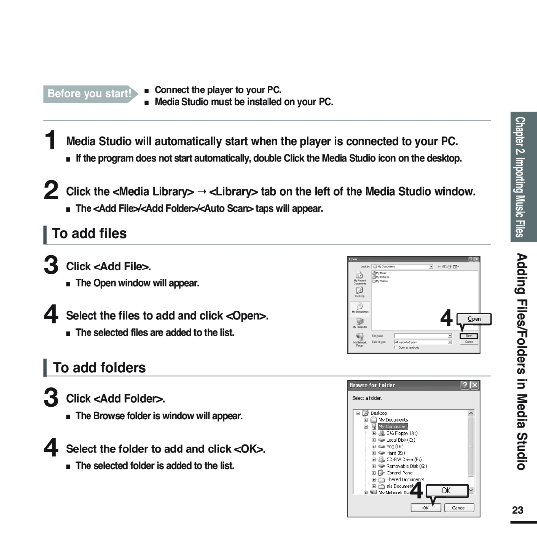 Samsung YP-F2 manual To add files, To add folders 