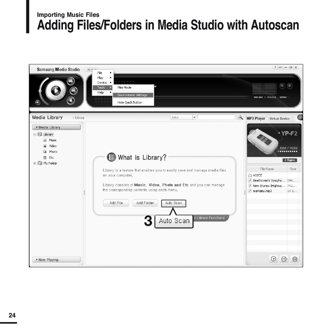 Samsung YP-F2 manual Adding Files/Folders in Media Studio with Autoscan, Importing Music Files 