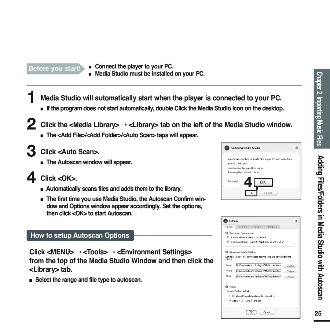 Samsung YP-F2 manual How to setup Autoscan Options, Click Auto Scan, Click OK, Click MENU Tools Environment Settings 