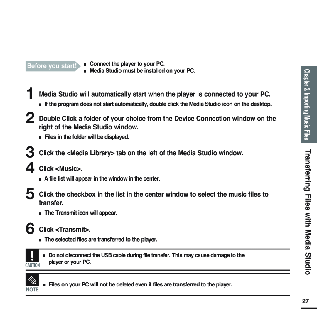 Samsung YP-F2 manual Importing Music Files Transferring Files with Media 