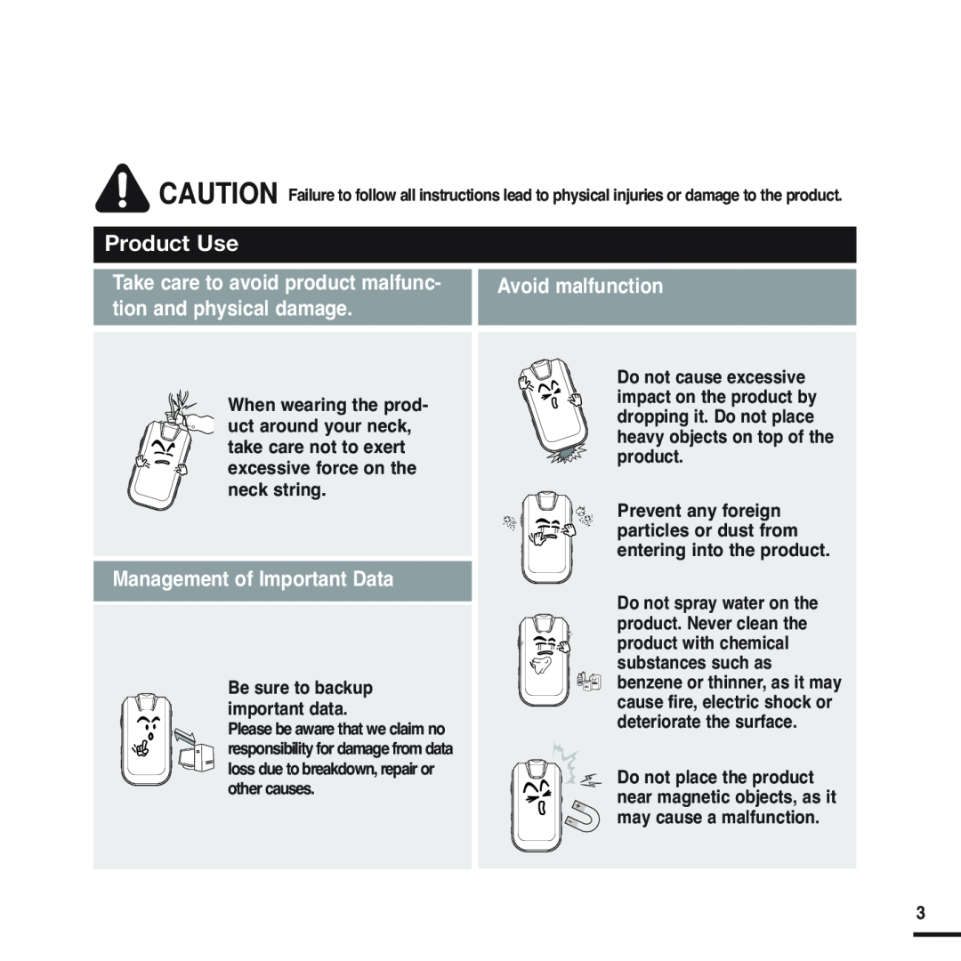 Samsung YP-F2 manual Management of Important Data, Avoid malfunction, Product Use 