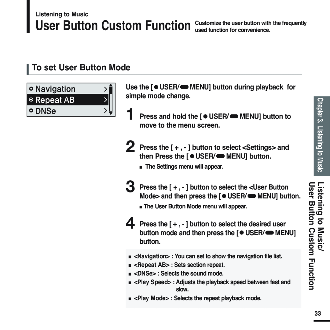 Samsung YP-F2 manual To set User Button Mode 