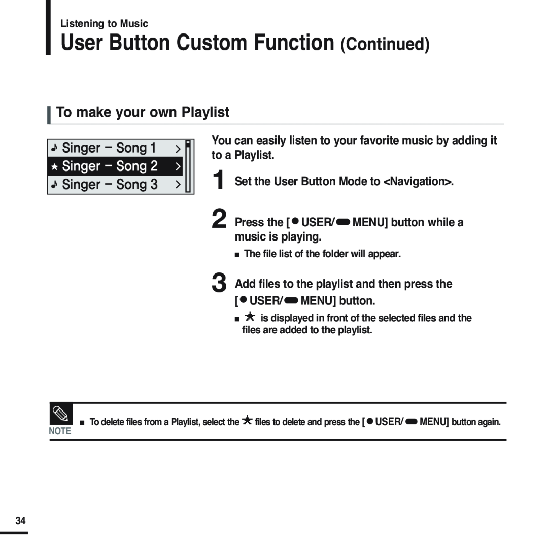 Samsung YP-F2 manual User Button Custom Function Continued, To make your own Playlist 