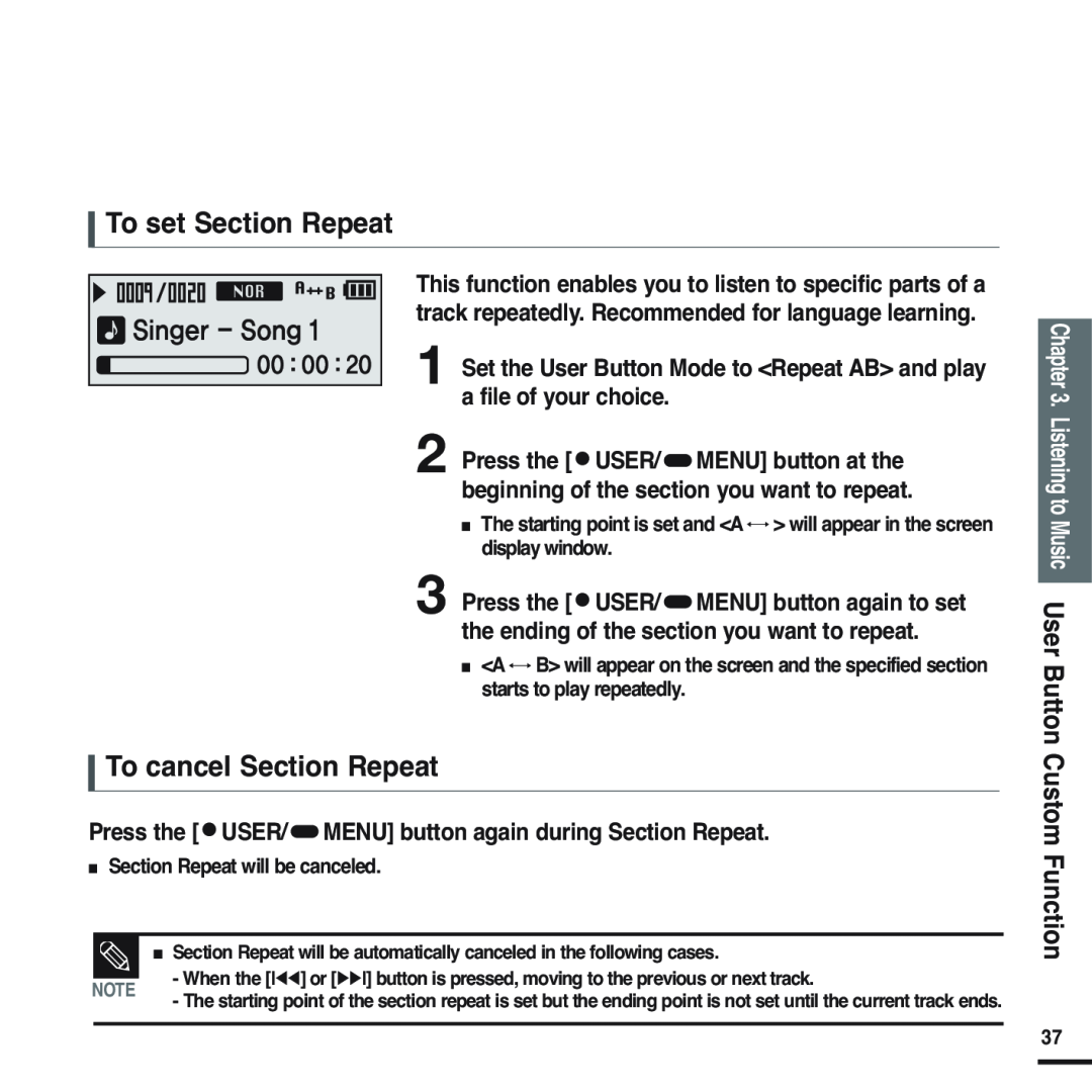 Samsung YP-F2 manual To set Section Repeat, To cancel Section Repeat, Press the USER/ MENU button again to set 