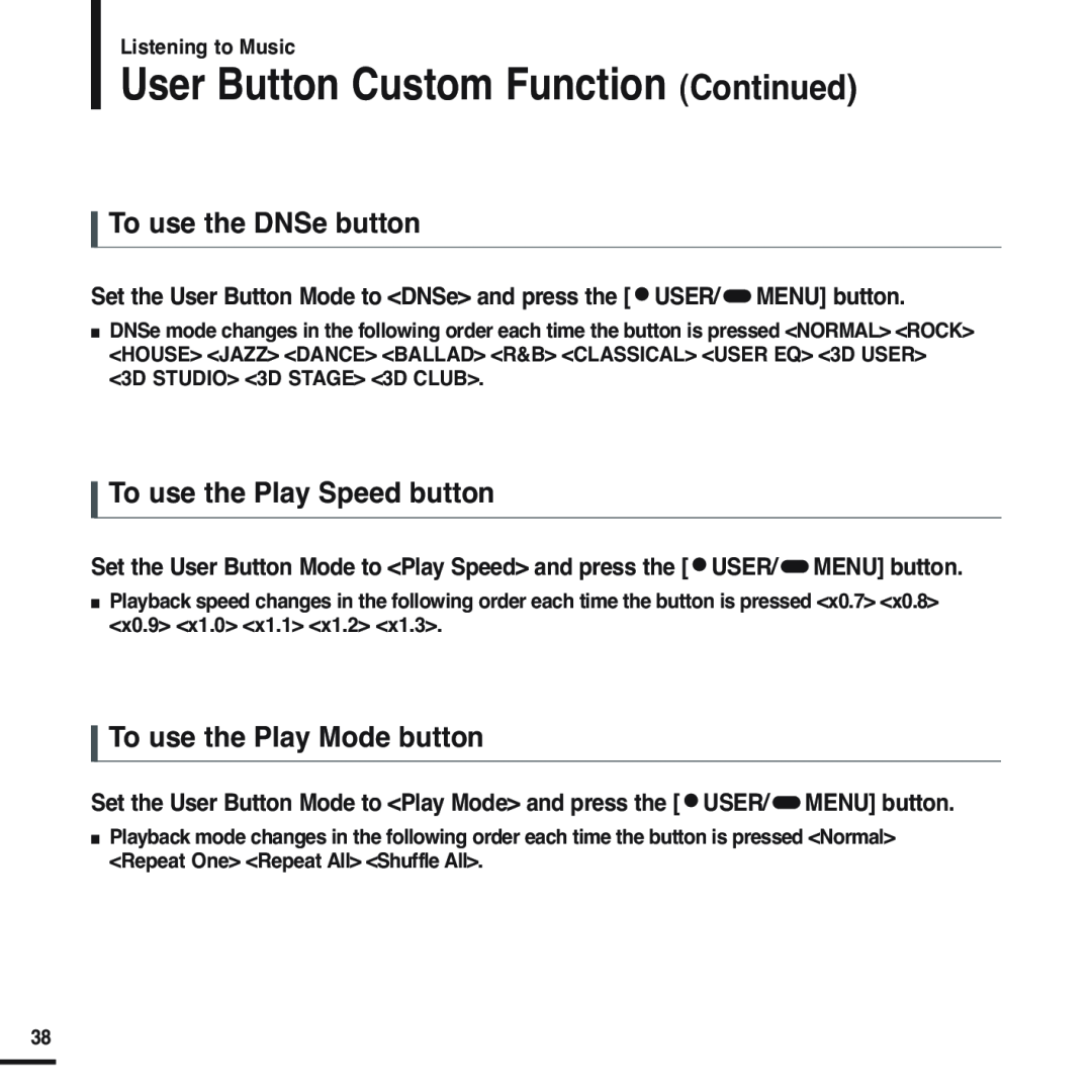 Samsung YP-F2 manual To use the DNSe button, To use the Play Speed button, To use the Play Mode button 