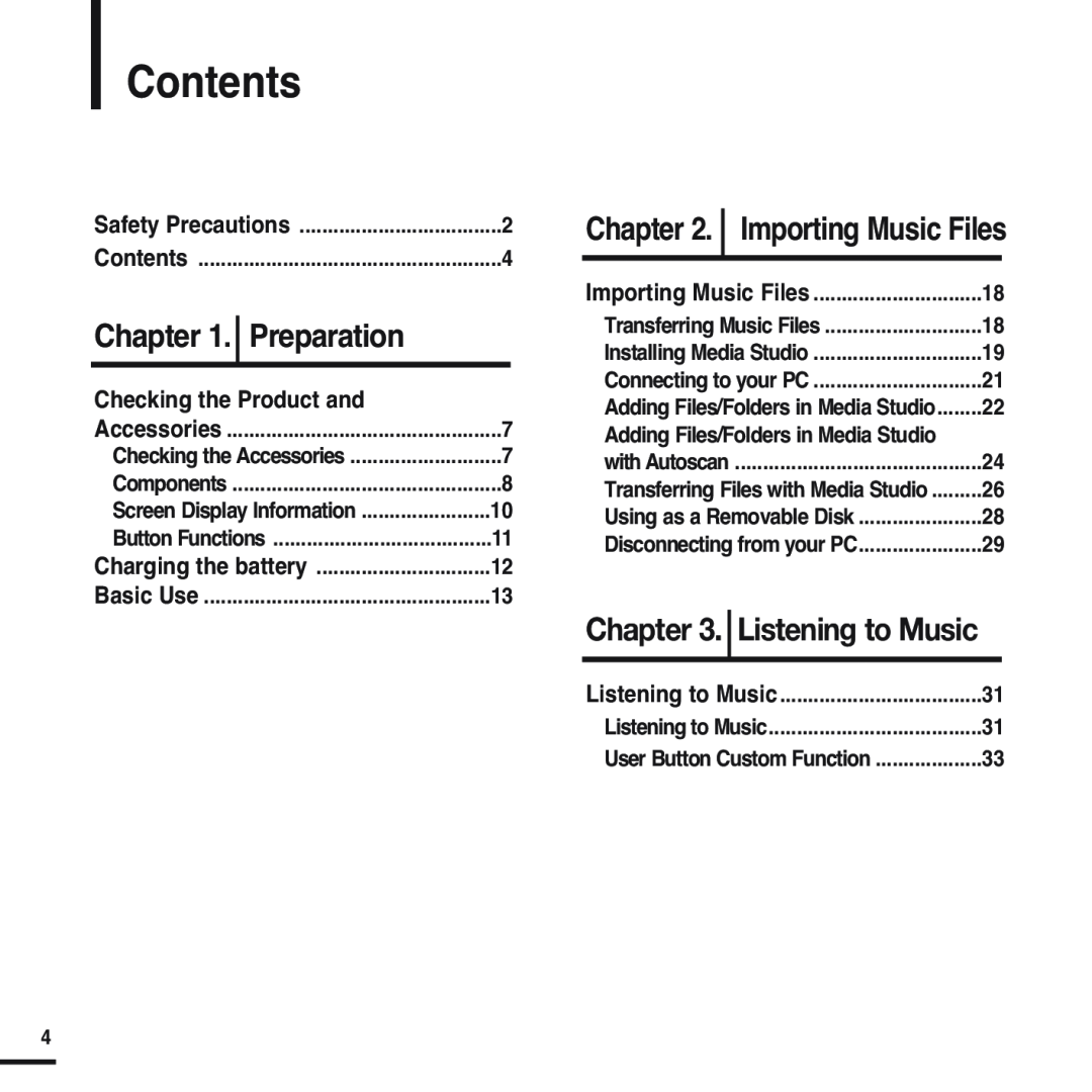 Samsung YP-F2 manual Contents, Listening to Music, Importing Music Files, Preparation 