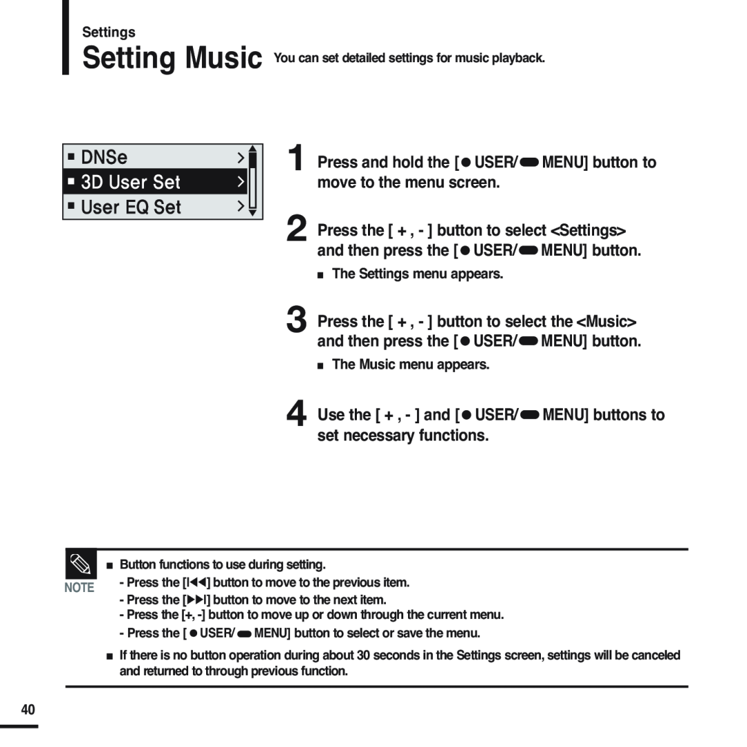 Samsung YP-F2 manual MENU button to, The Settings menu appears, The Music menu appears 