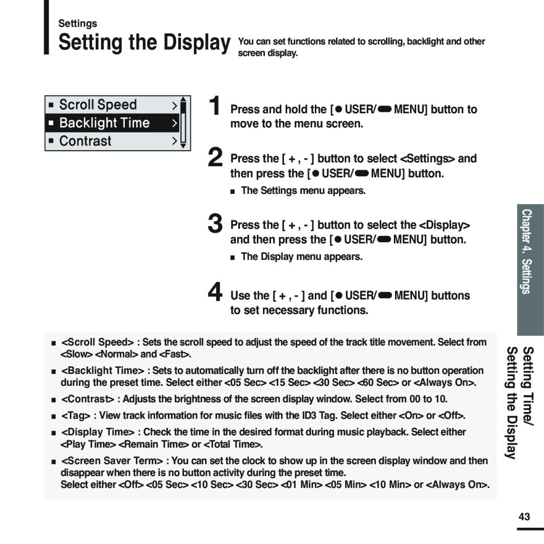 Samsung YP-F2 manual Press and hold the USER/ MENU button to move to the menu screen, Settings Setting Time 