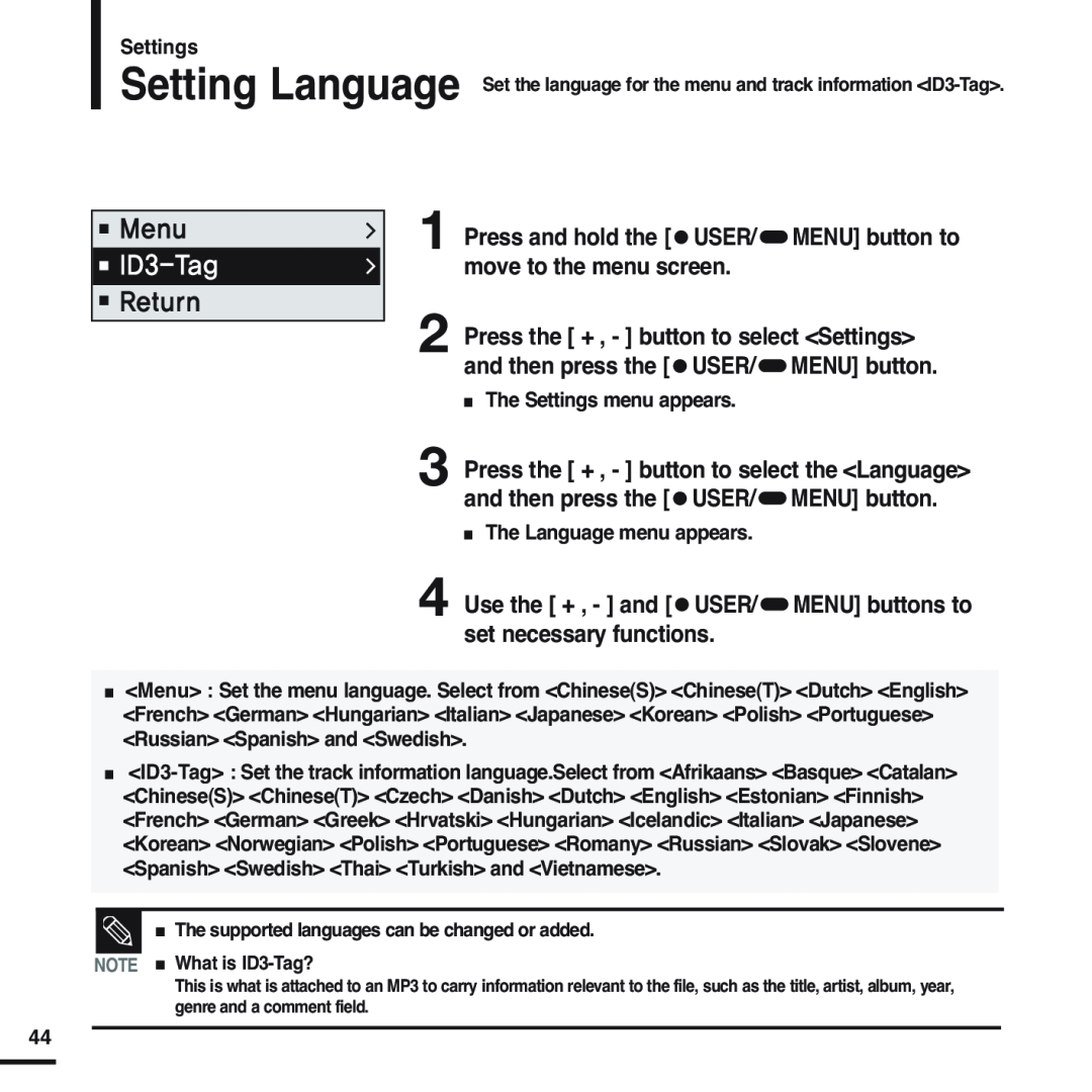 Samsung YP-F2 manual The supported languages can be changed or added 