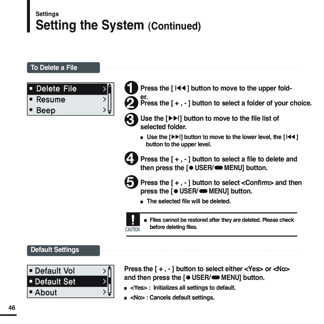 Samsung YP-F2 manual Setting the System Continued, To Delete a File, Default Settings 