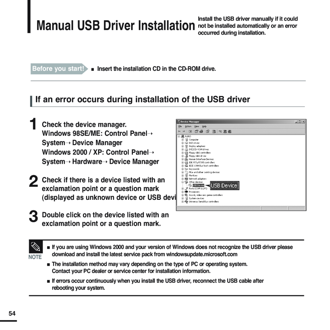Samsung YP-F2 manual If an error occurs during installation of the USB driver 