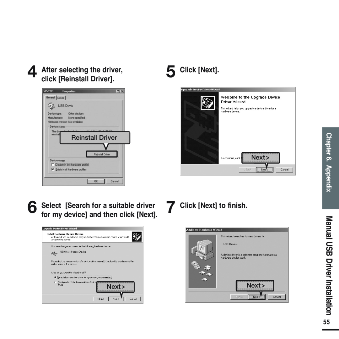 Samsung YP-F2 manual Next, Reinstall Driver, Appendix 