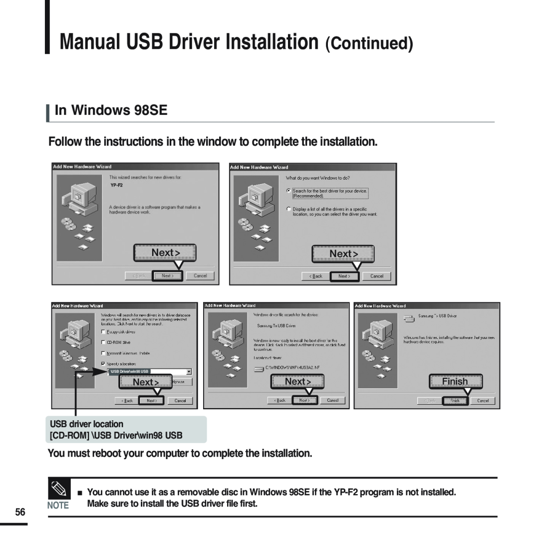 Samsung YP-F2 manual Manual USB Driver Installation Continued, In Windows 98SE, Next, Finish, USB Driver\win98 USB 