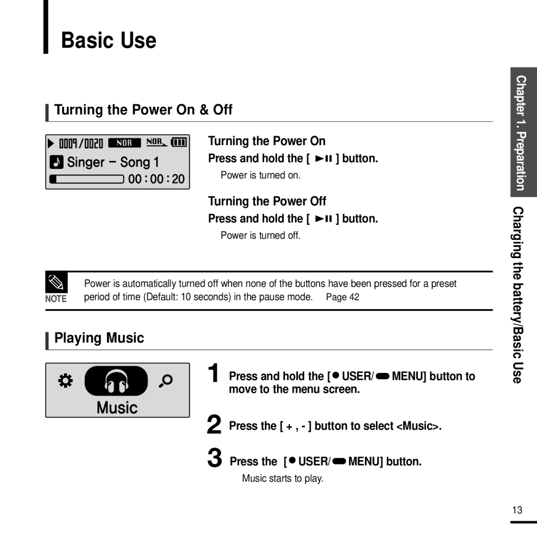 Samsung YP-F2J manual Basic Use, Turning the Power On & Off, Playing Music, Press and hold the button 