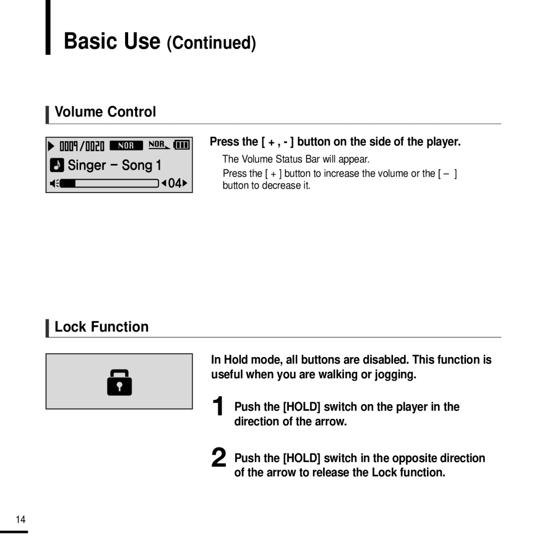 Samsung YP-F2J manual Volume Control, Lock Function, Press the + , button on the side of the player 