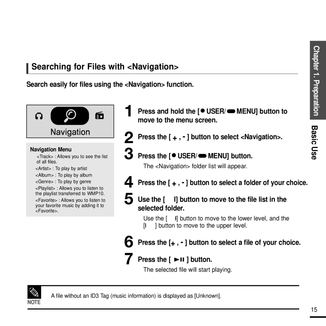 Samsung YP-F2J manual Searching for Files with Navigation, Press the User Menu button, Selected folder 