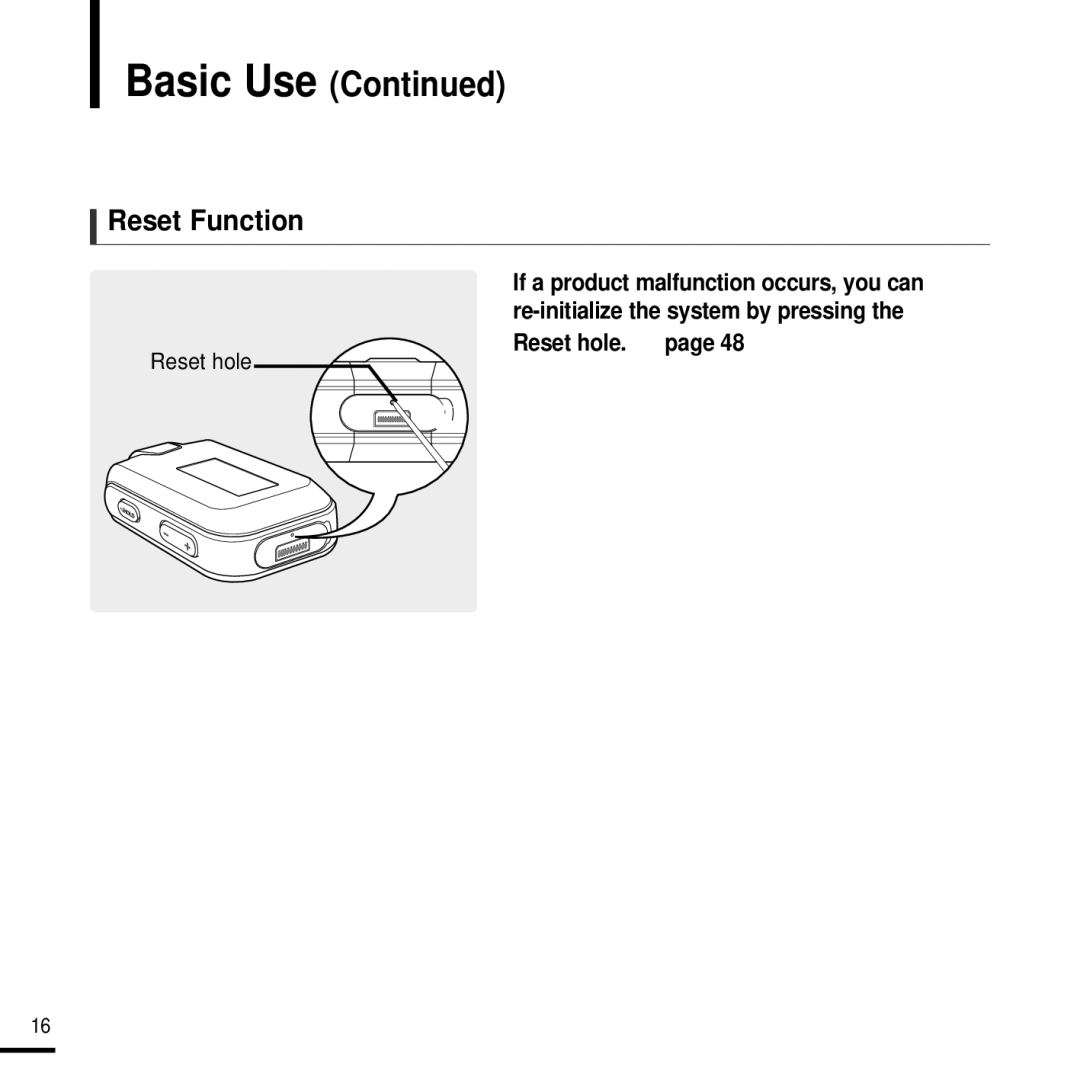 Samsung YP-F2J manual Reset Function, Reset hole 