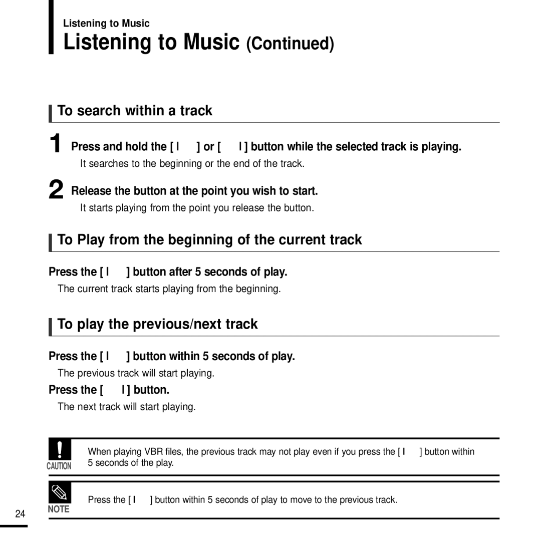 Samsung YP-F2J To search within a track, To Play from the beginning of the current track, To play the previous/next track 