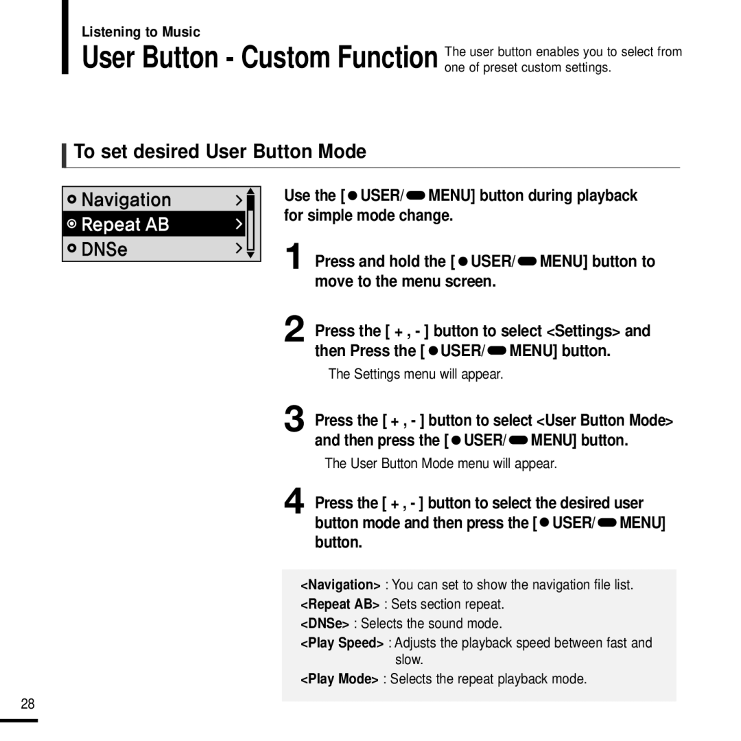 Samsung YP-F2J manual To set desired User Button Mode, Settings menu will appear, User Button Mode menu will appear 