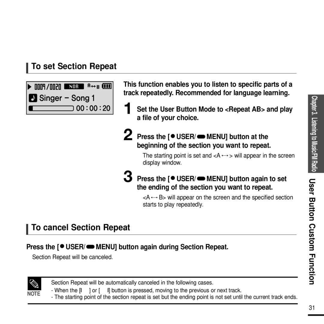 Samsung YP-F2J To set Section Repeat, To cancel Section Repeat, Press the USER/ Menu button again during Section Repeat 