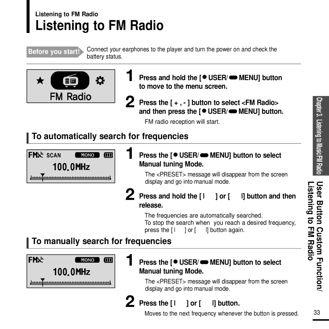 Samsung YP-F2J Listening to FM Radio, To automatically search for frequencies, To manually search for frequencies 