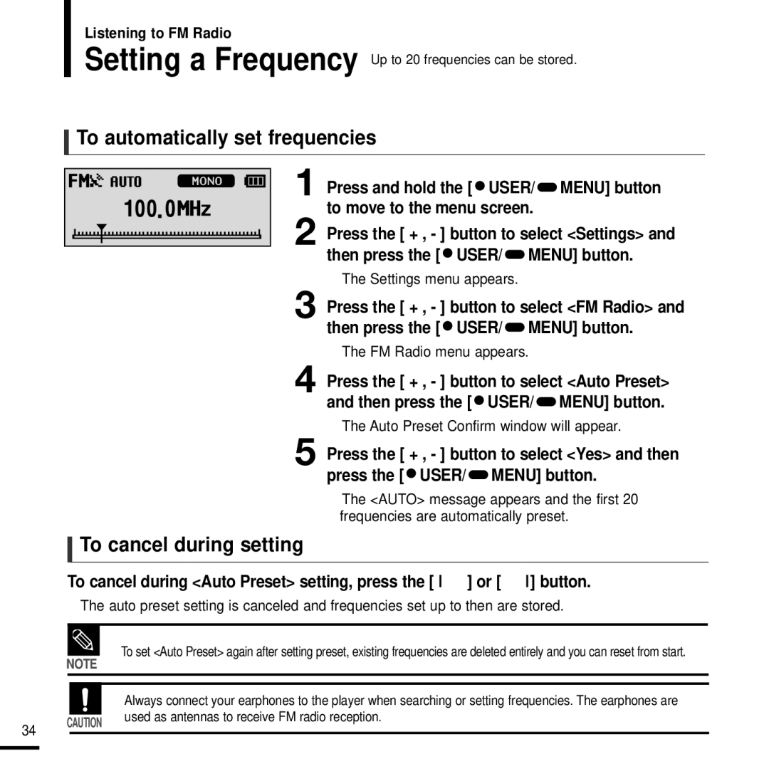 Samsung YP-F2J manual To automatically set frequencies, To cancel during setting, Press and hold the USER/ Menu button 