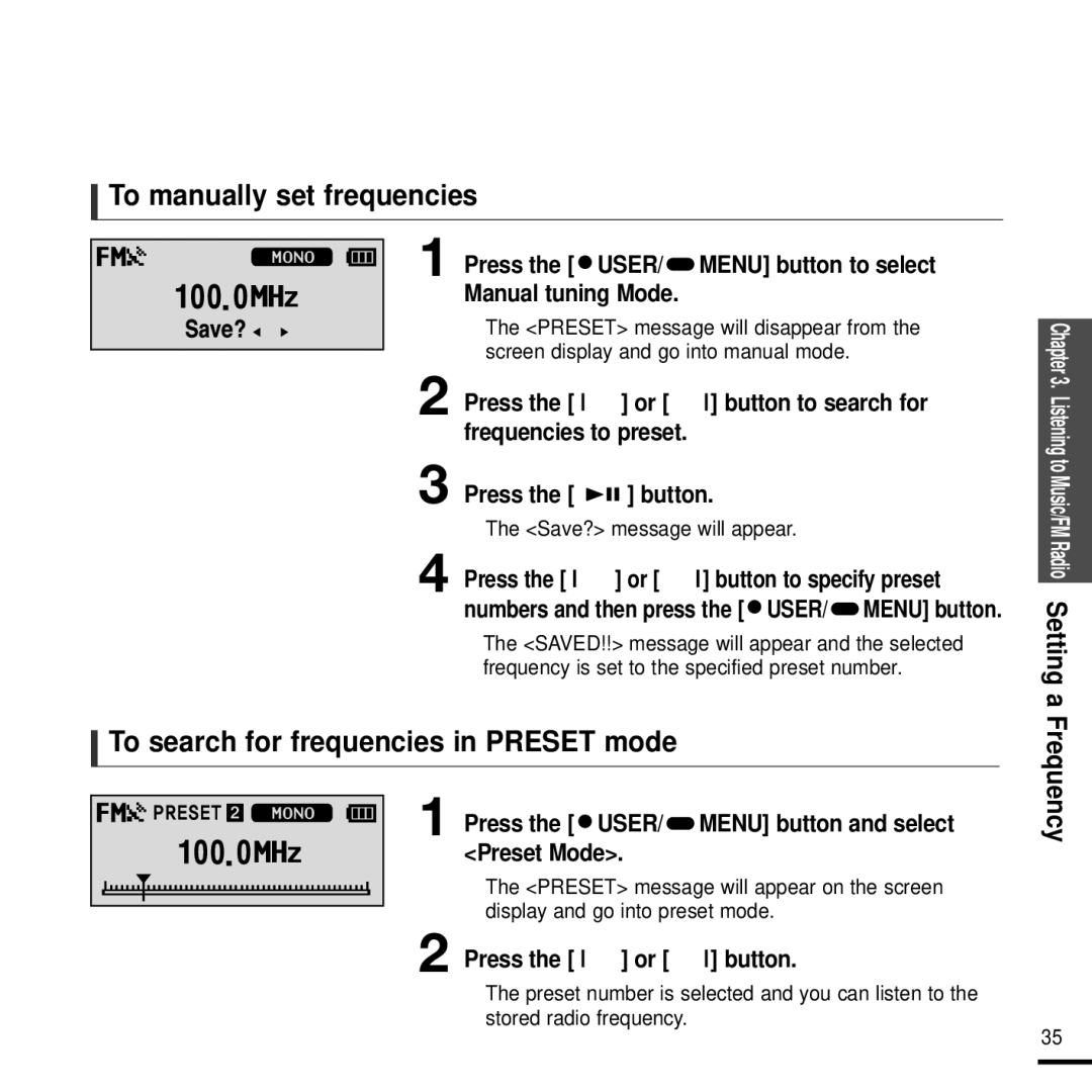 Samsung YP-F2J To manually set frequencies, To search for frequencies in Preset mode, Save? message will appear 