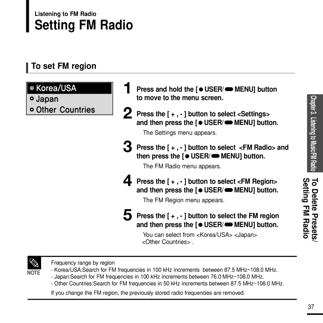 Samsung YP-F2J manual Setting FM Radio, To set FM region, Settings menu appears, FM Region menu appears 