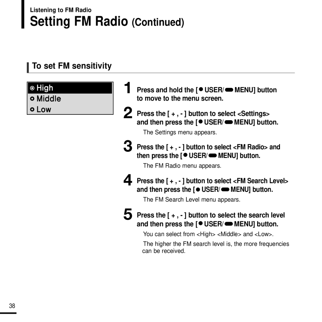 Samsung YP-F2J manual To set FM sensitivity, FM Search Level menu appears 