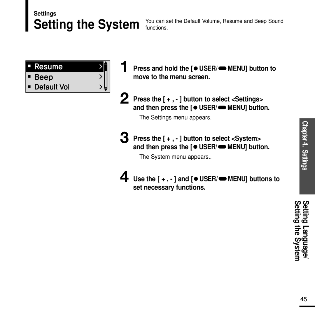 Samsung YP-F2J manual Setting the System functions, Menu button to, System menu appears 