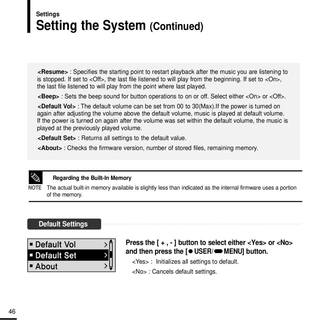 Samsung YP-F2J manual Setting the System, Default Settings 