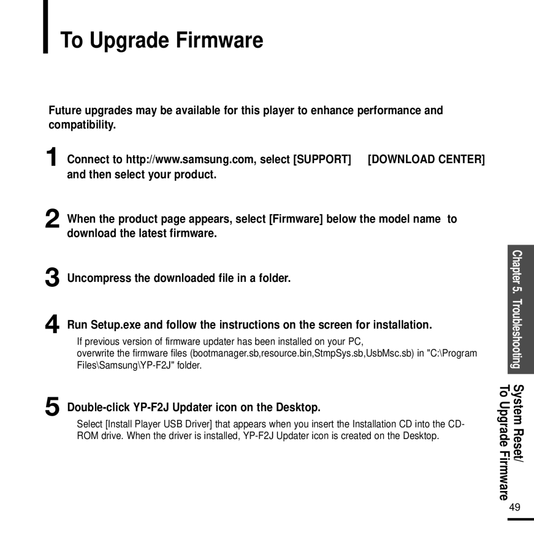 Samsung manual Double-click YP-F2J Updater icon on the Desktop, System Reset/ To Upgrade Firmware 