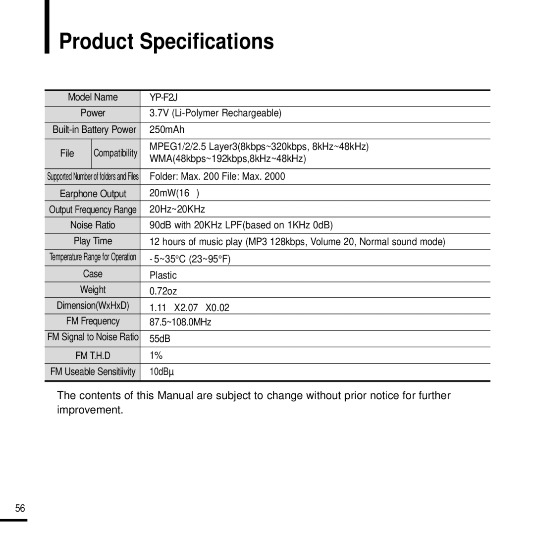 Samsung YP-F2J manual Product Specifications 